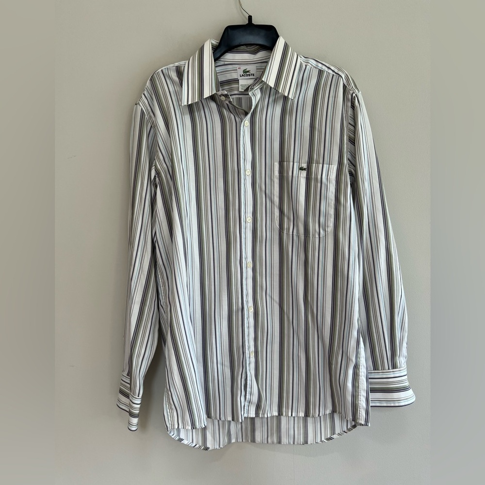 Lacoste Men's Long Sleeved Striped Button Down in Earth Tones, Size 40